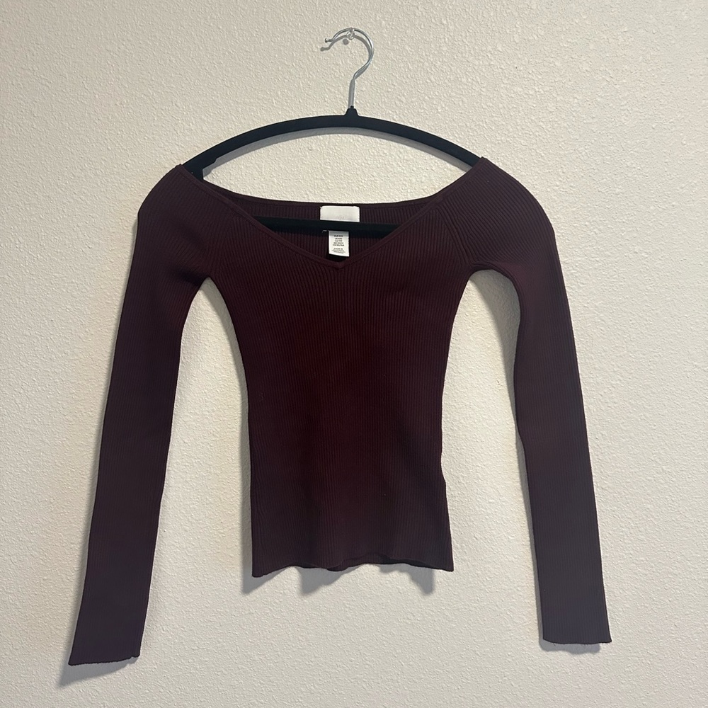 H&M Brown/Burgundy V Neck Low Shoulder Knit Top